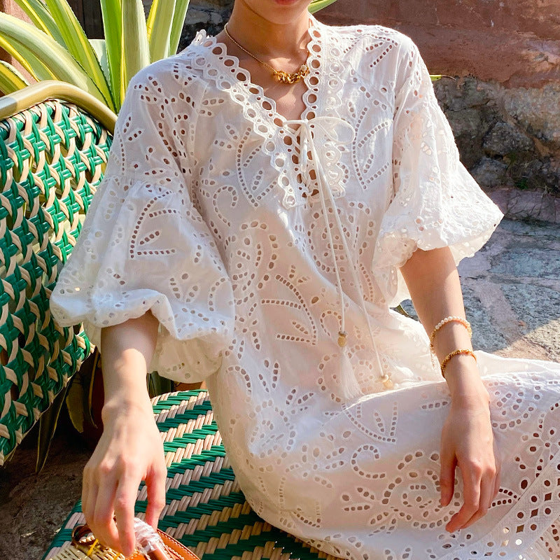 French Style Embroidered White Midi Dress