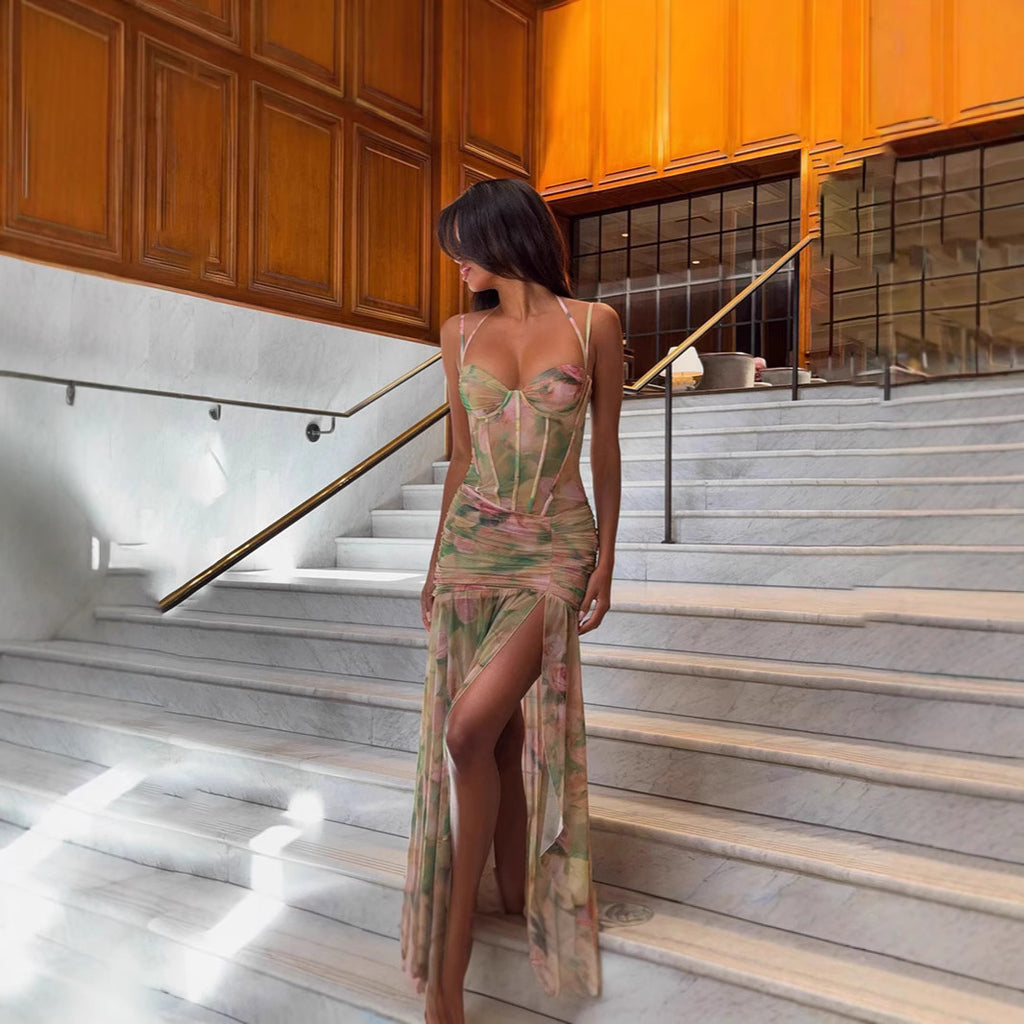 Spaghetti Strap High-Waist Slit Dress