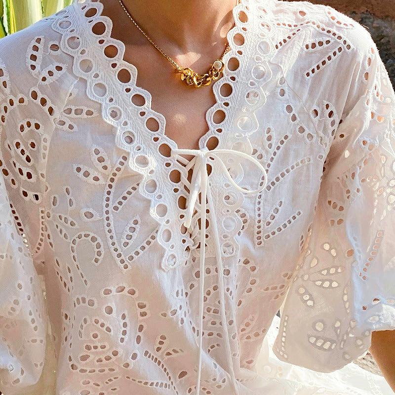 French Style Embroidered White Midi Dress