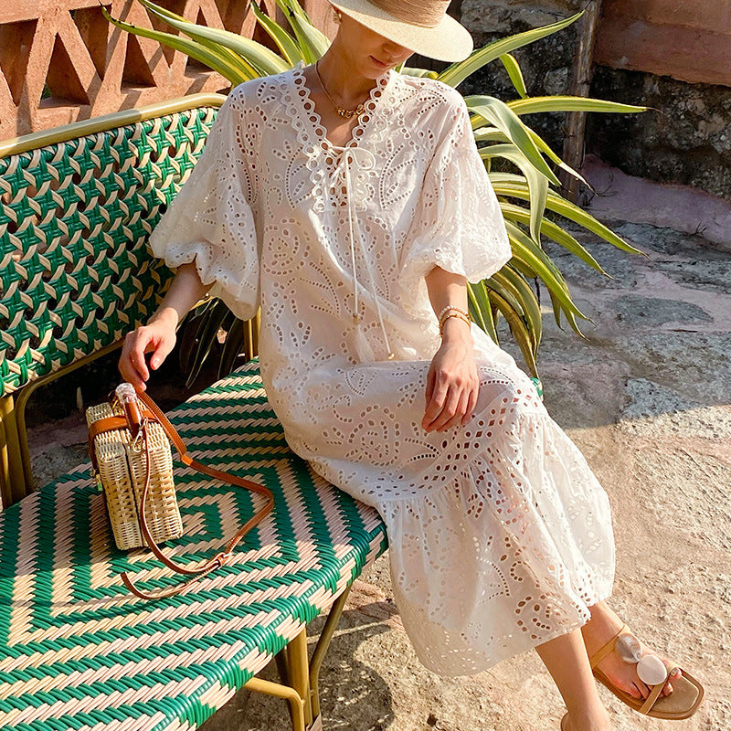 French Style Embroidered White Midi Dress