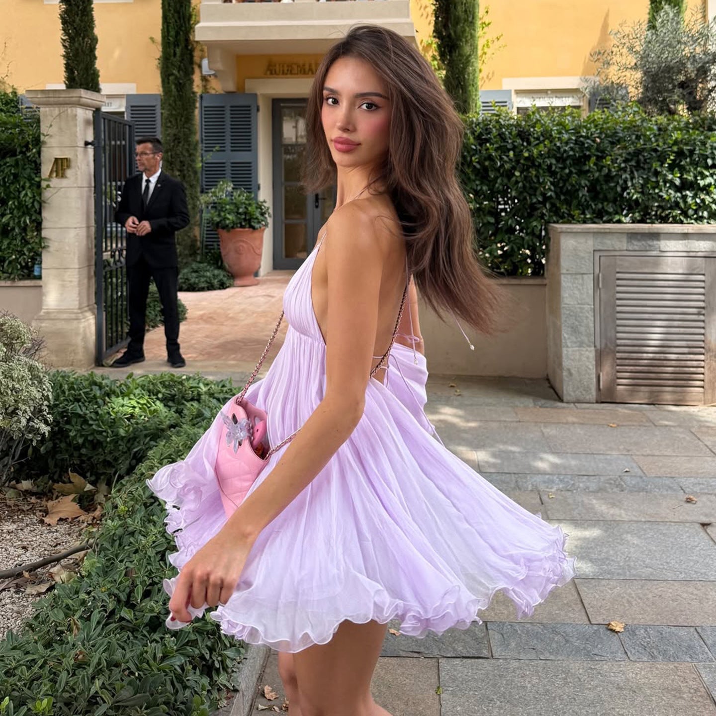 V-Neck Tie-Up A-Line Puff Dress